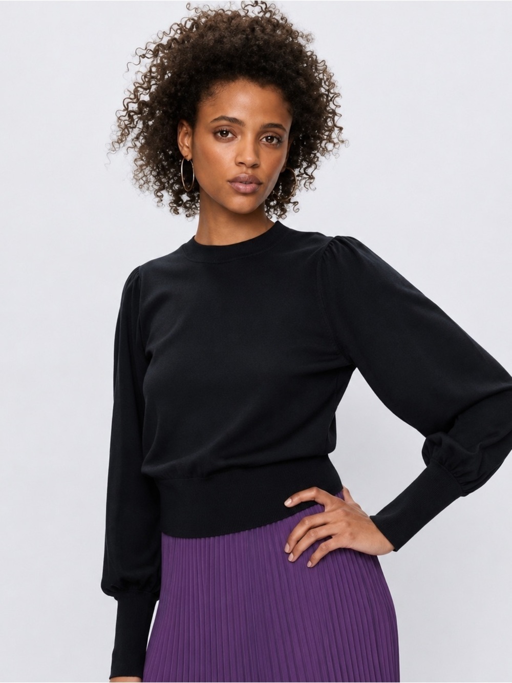 Babaton Black Sweater with Balloon Sleeves Size Large